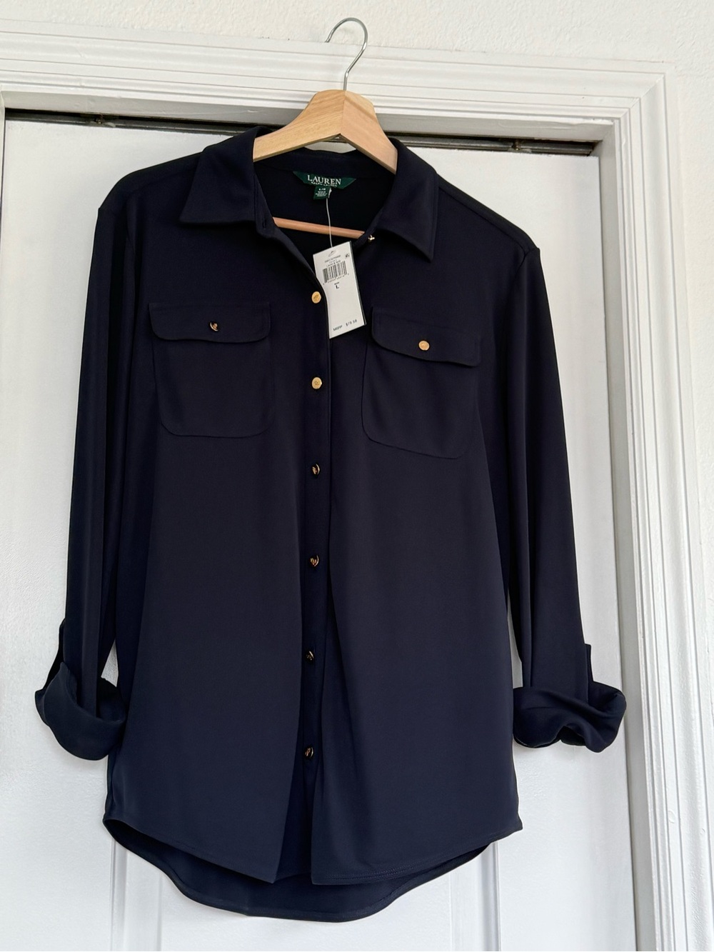 Ralph Lauren Navy Button-Front Women's Blouse with Gold Buttons
